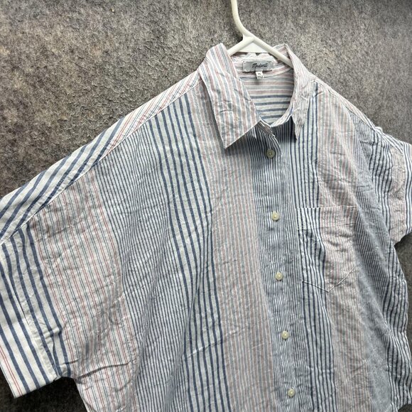 Madewell Shirt Womens XS White Blue Red Striped Short Sleeve Button Front Hemp - Picture 3 of 11